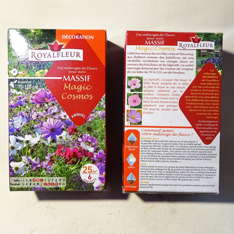Exemplo de amostra de Mistura para maciço Magic Cosmos - Caixa 25 m² o saco de sementes de 40 gramas tal como entregue