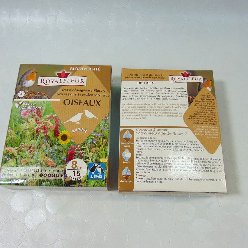 Exemplo de amostra de Mistura para cuidar de aves - Caixa 8 m² o saco de sementes de 14 gramas tal como entregue