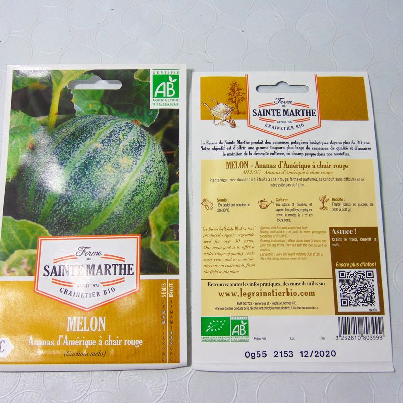 Exemplo de amostra de Melon Ananas d'Amérique à Chair Rouge Bio - Ferme de Sainte Marthe o saco de 15 sementes aproximadamente tal como entregue