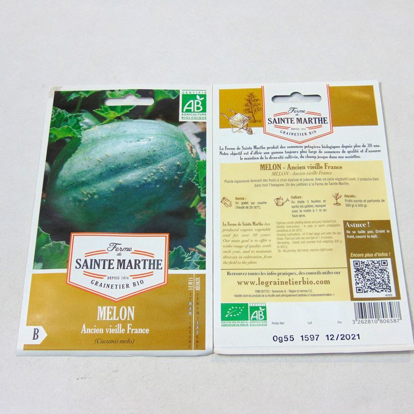 Exemplo de amostra de Melon Ancien Vieille France Bio - Ferme de Sainte Marthe per pack of 15 seeds tal como entregue