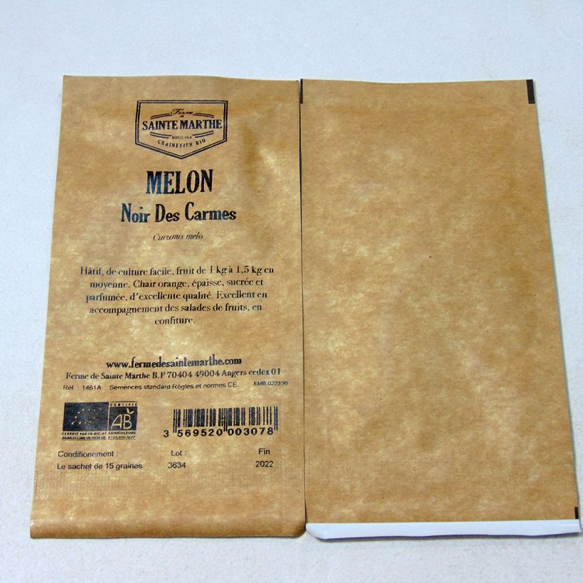 Exemplo de amostra de Melon Noir des Carmes Bio - Ferme de Sainte Marthe per pack of 15 seeds tal como entregue