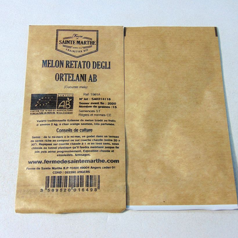 Exemplo de amostra de Melon Rerato Degli Ortolani Bio - Ferme de Sainte Marthe per pack of 15 seeds (Sachet de 15 grainesg) tal como entregue