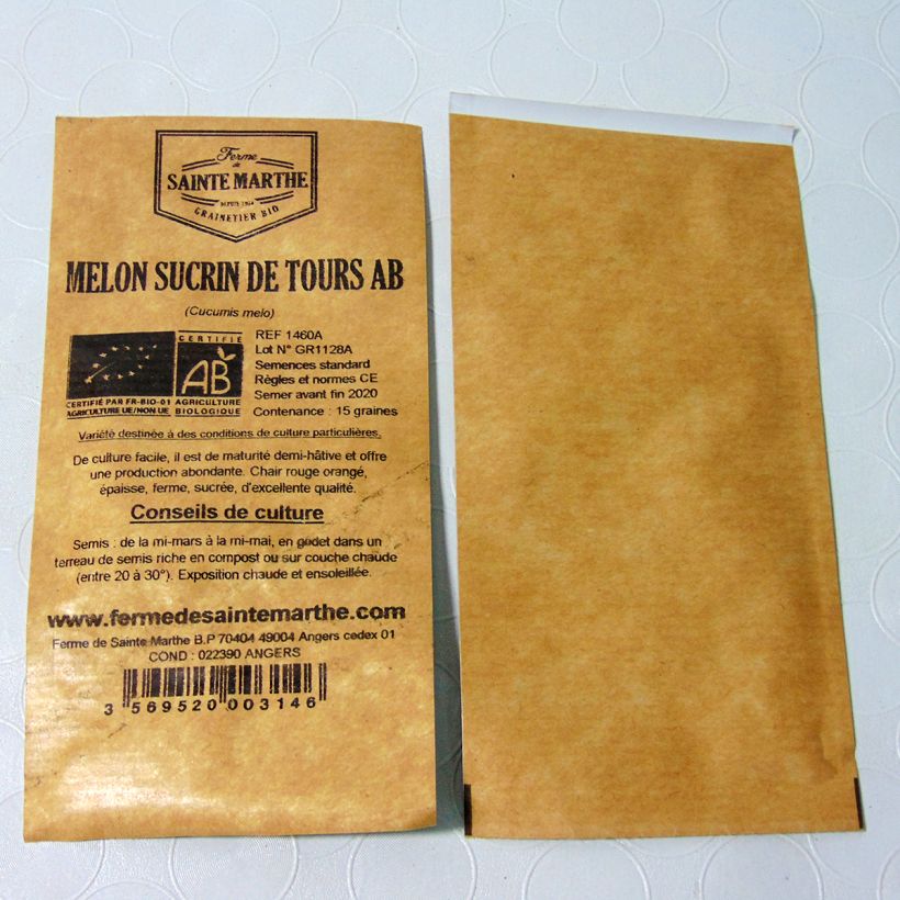 Exemplo de amostra de Melon Sucrin de Tours Bio - Ferme de Sainte Marthe per pack of 15 seeds tal como entregue