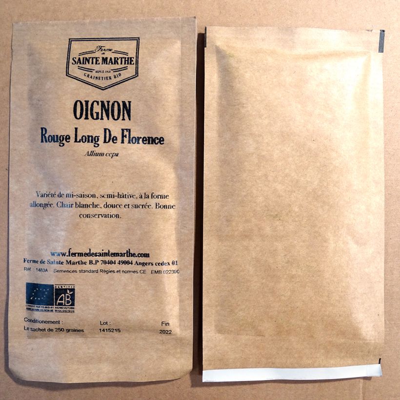Exemplo de amostra de Oignon Rouge long de Florence Bio - Ferme de Sainte Marthe die Tüte mit 250 Samen tal como entregue