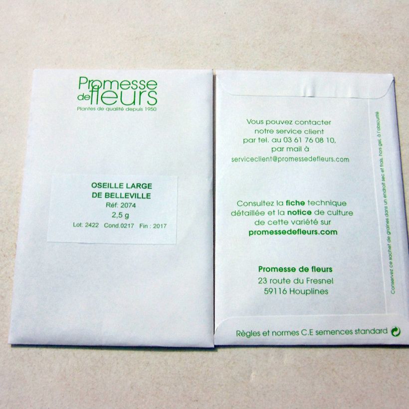 Exemplo de amostra de Oseille Large de Belleville - Rumex acetosa die Tüte mit 1700 Samen (2,5g) tal como entregue