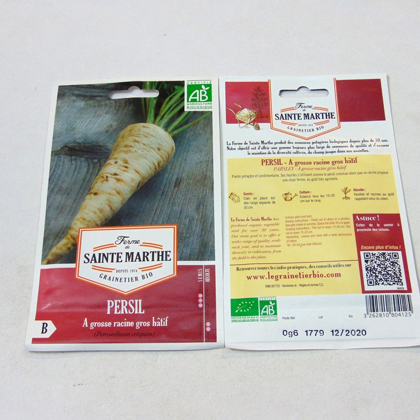Exemplo de amostra de Persil tubéreux Gros Hâtif Bio - Ferme de Sainte Marthe per pack of 450 seeds (0.6g) tal como entregue