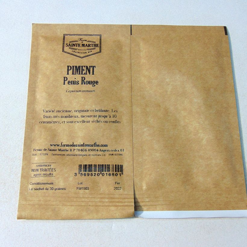 Exemplo de amostra de Piment Penis Rouge ou Peter Pepper Rouge NT - Ferme de Sainte Marthe o saco de 30 sementes aproximadamente (Sachet de 30 grainesg) tal como entregue