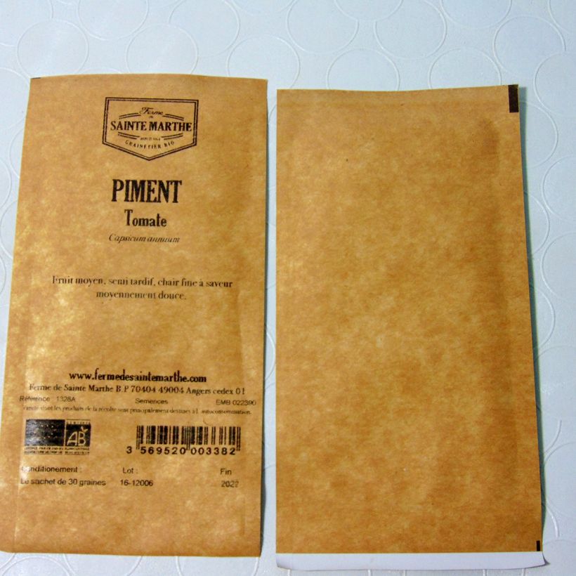 Exemplo de amostra de Piment Tomate Bio - Ferme de Sainte Marthe o saco de 30 sementes aproximadamente tal como entregue