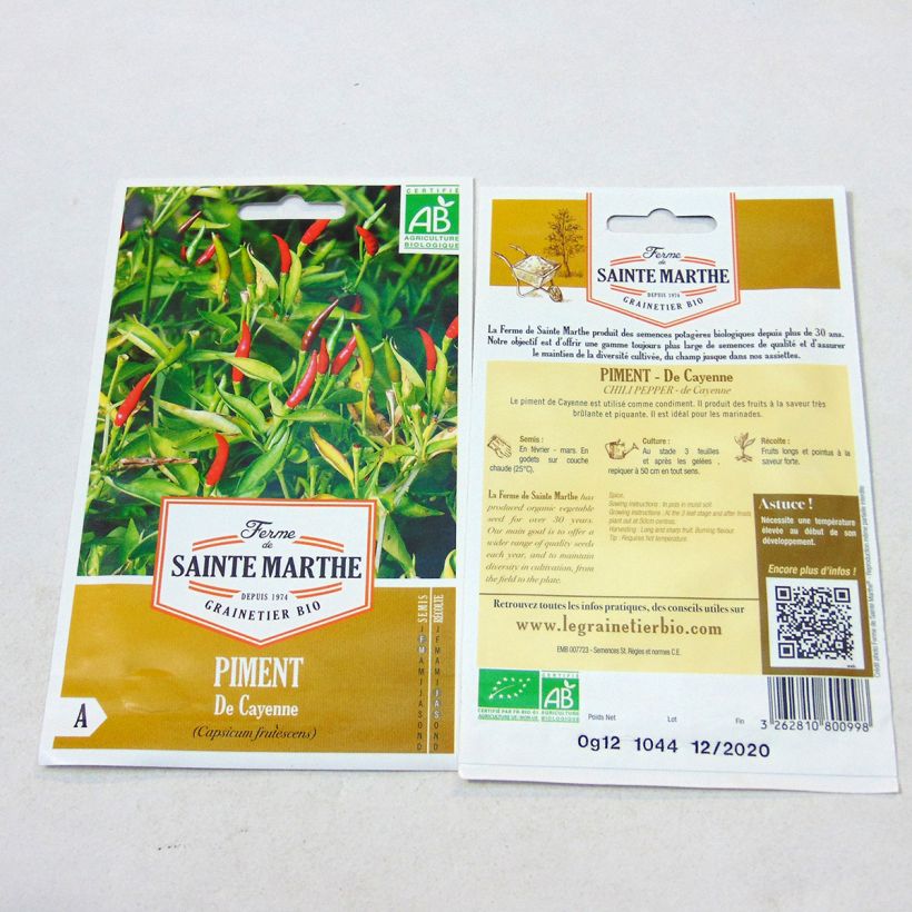 Exemplo de amostra de Piment de Cayenne Bio - Ferme de Sainte Marthe die Tüte mit 25 Samen tal como entregue