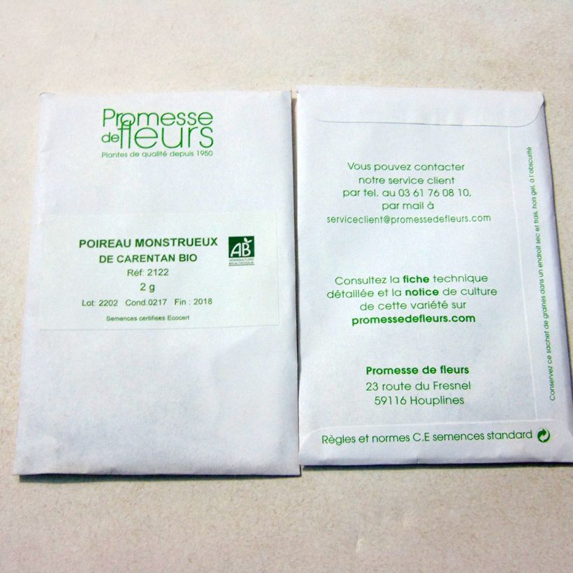 Exemplo de amostra de Poireau Monstrueux de Carentan o saco de 1000 sementes aproximadamente (4g) tal como entregue