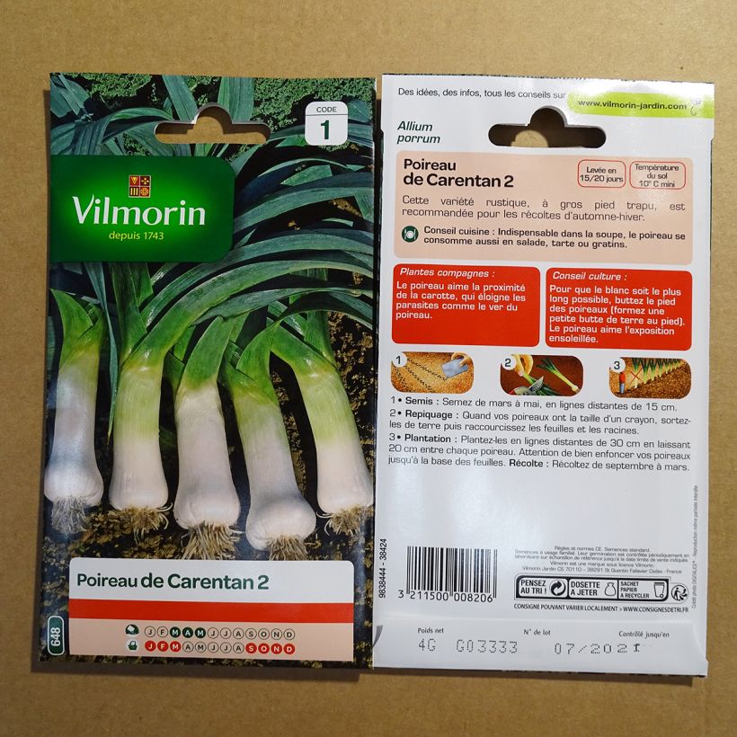 Exemplo de amostra de Poireau de Carentan 2 - Vilmorin die Tüte mit 1000 Samen (4g) tal como entregue