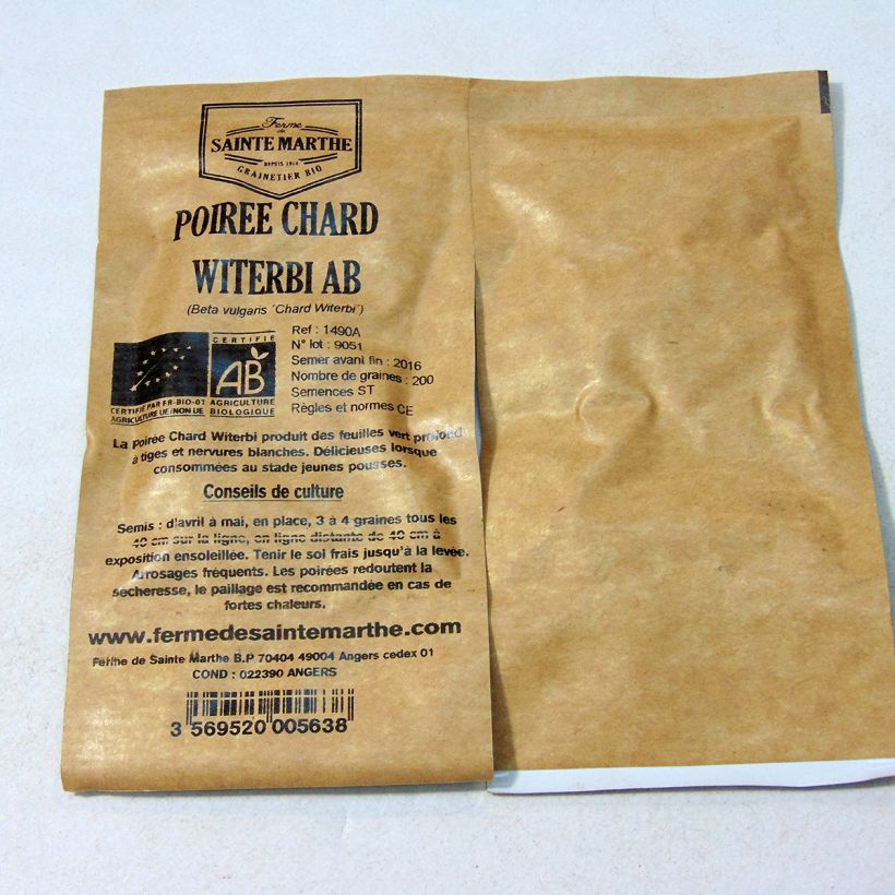 Exemplo de amostra de Poirée Chard Witerbi Bio - Ferme de Sainte Marthe per pack of 200 seeds (3g) tal como entregue