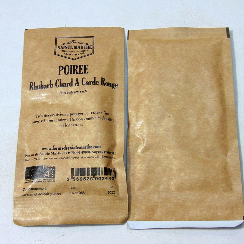 Exemplo de amostra de Poirée Rhubarb Chard à carde rouge Bio - Ferme de Sainte Marthe per pack of 100 seeds (4g) tal como entregue