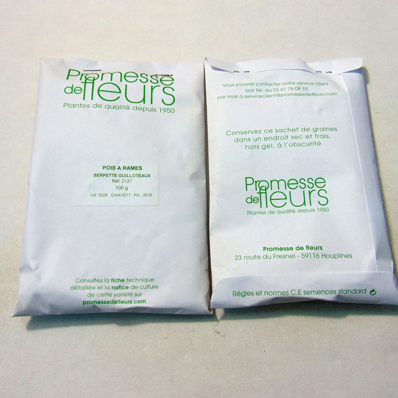 Exemplo de amostra de Pois à rames Serpette Guilloteaux à grains ronds - Pisum sativum die Tüte mit 250-350 Samen (100g) tal como entregue