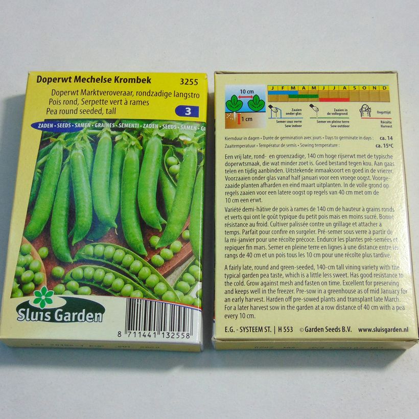 Exemplo de amostra de Pois à rames Serpette verte de Malines (Mechelse Krombek) - Pisum sativum die Tüte mit 255 Samen (85g) tal como entregue