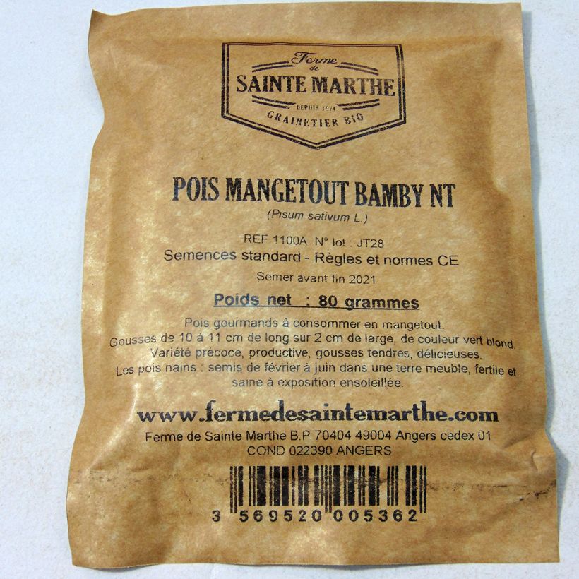Exemplo de amostra de Pois nain Bamby mangetout NT - Ferme de Sainte Marthe die Tüte mit 240 Samen (80g) tal como entregue