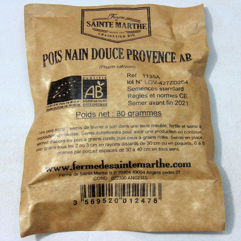 Exemplo de amostra de Pois nain Douce Provence Bio - Ferme de Sainte Marthe die Tüte mit 240 Samen (80g) tal como entregue
