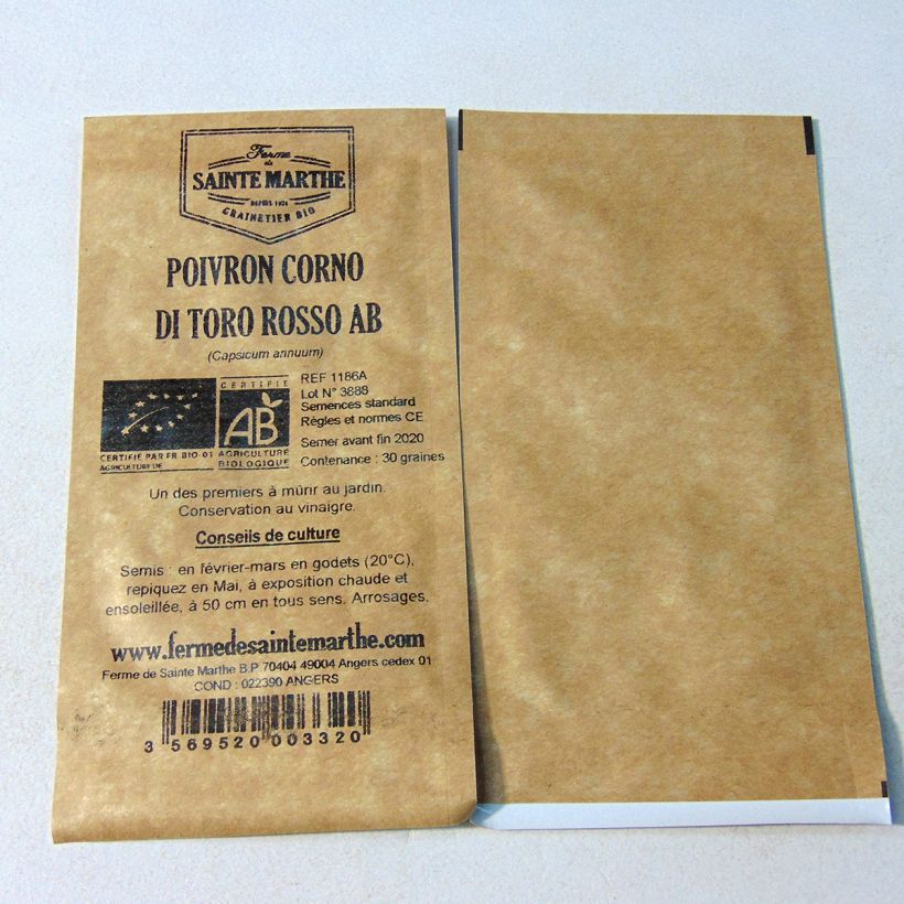 Exemplo de amostra de Poivron Corno di Toro Rosso Bio - Ferme de Sainte Marthe per pack of 30 seeds tal como entregue
