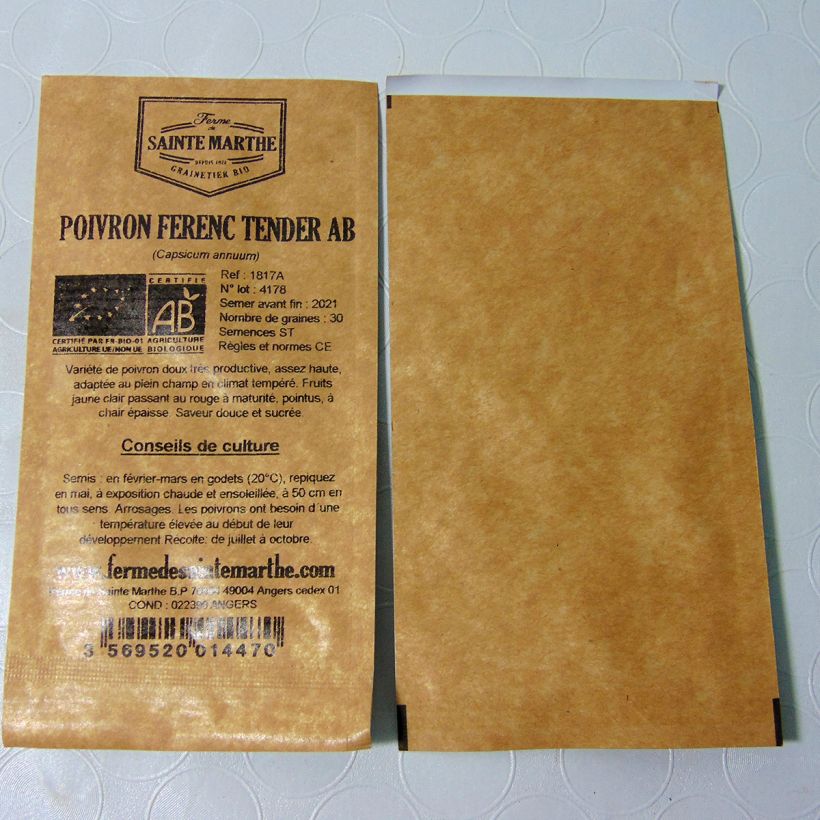 Exemplo de amostra de Poivron Ferenc Tender Bio - Ferme de Sainte Marthe per pack of 30 seeds tal como entregue