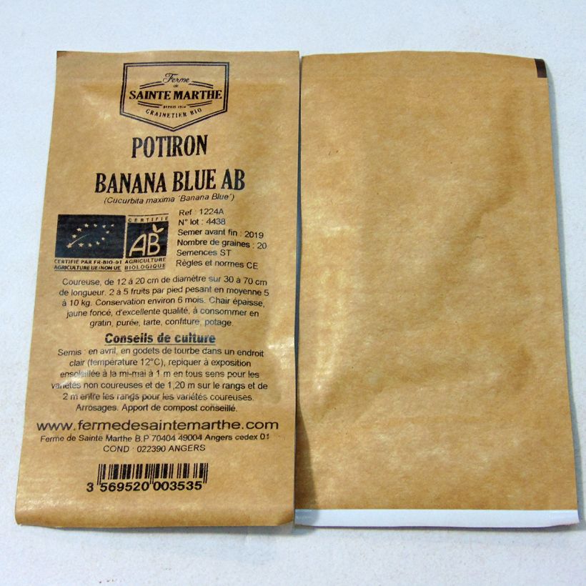 Exemplo de amostra de Potiron Banana Blue Bio - Ferme de Sainte Marthe per pack of 20 seeds (5g) tal como entregue