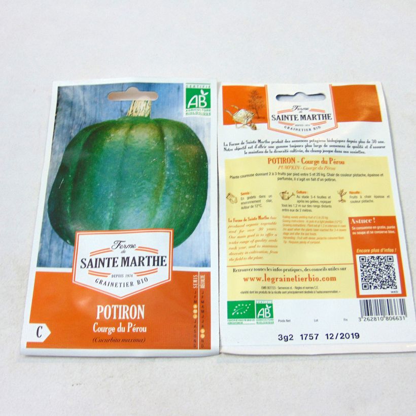 Exemplo de amostra de Potiron Courge du Pérou Bio - Ferme de Sainte Marthe per pack of 10 seeds (3g) tal como entregue