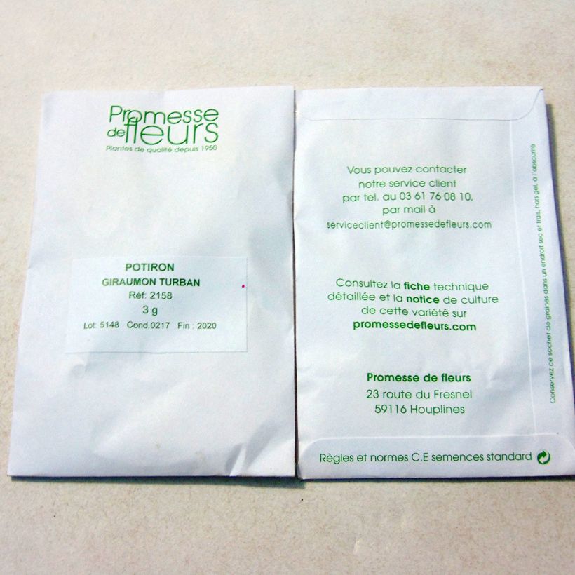 Exemplo de amostra de Potiron Giraumon Turban - Cucurbita maxima per pack of 10 seeds (3g) tal como entregue