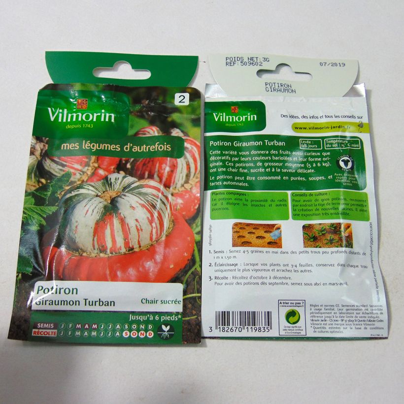Exemplo de amostra de Potiron Giraumon Turban - Vilmorin die Tüte mit 18 Samen (3g) tal como entregue
