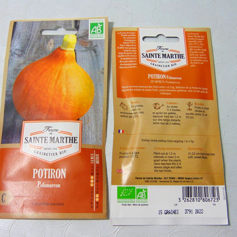 Exemplo de amostra de Potiron Potimarron Bio - Ferme de Sainte Marthe die Tüte mit 10 Samen (2g) tal como entregue