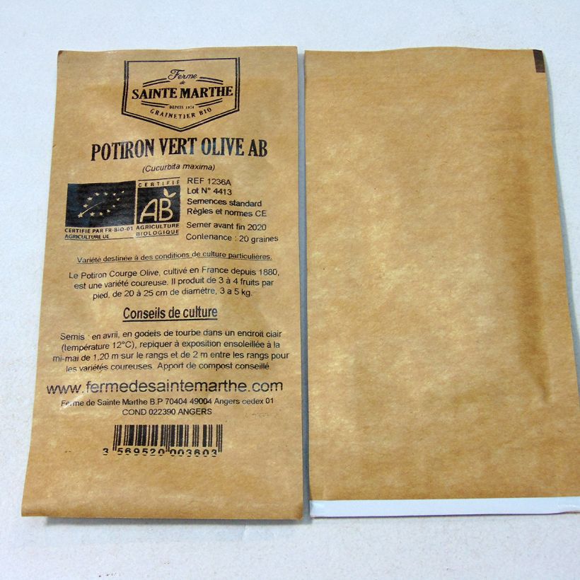 Exemplo de amostra de Potiron Vert Olive Bio - Ferme de Sainte Marthe per pack of 20 seeds (4g) tal como entregue