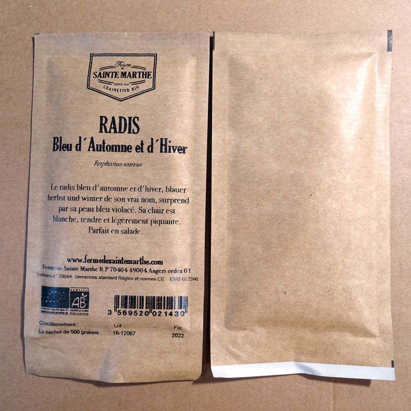 Exemplo de amostra de Radis Bleu d'Automne et d'Hiver Bio - Ferme de Sainte Marthe die Tüte mit 500 Samen tal como entregue