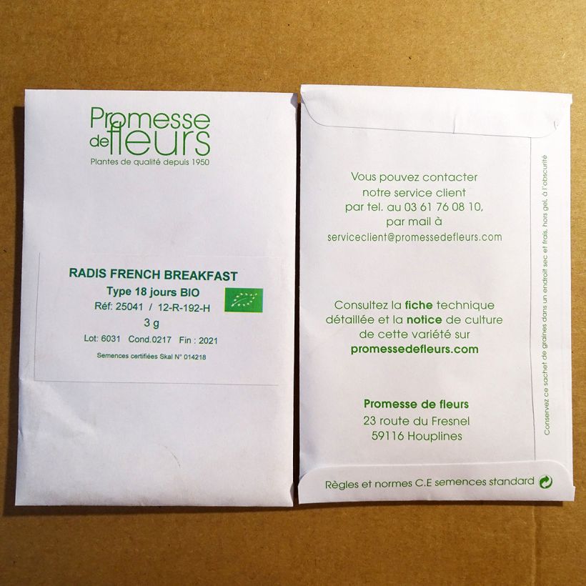 Exemplo de amostra de Radis French Breakfast Bio die Tüte mit 500 Samen (5g) tal como entregue