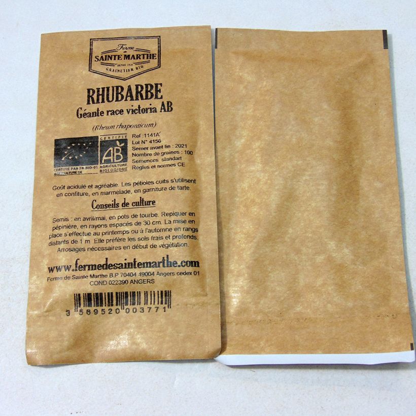 Exemplo de amostra de Rhubarbe Géante Race Victoria Bio - Ferme de Sainte Marthe o saco de 100 sementes aproximadamente (1g) tal como entregue