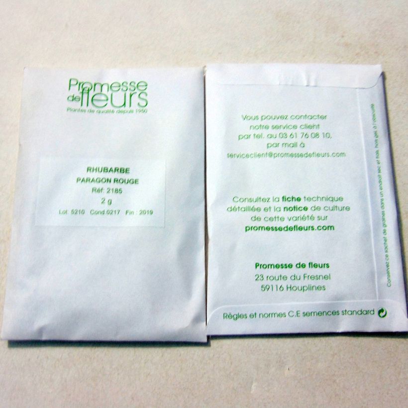 Exemplo de amostra de Rhubarbe Paragon Rouge - Rheum rhaponticum o saco de 125 sementes aproximadamente (2g) tal como entregue