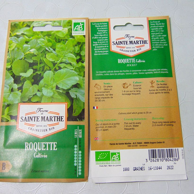 Exemplo de amostra de Roquette cultivée Bio - Ferme de Sainte Marthe die Tüte mit 800 Samen (1g) tal como entregue