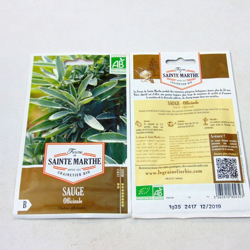Exemplo de amostra de Sauge officinale Bio - Ferme de Sainte Marthe die Tüte mit 150 Samen (1g) tal como entregue