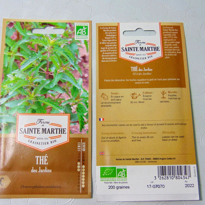 Exemplo de amostra de Thé des jardins Bio - Ferme de Sainte Marthe per pack of 80 seeds tal como entregue