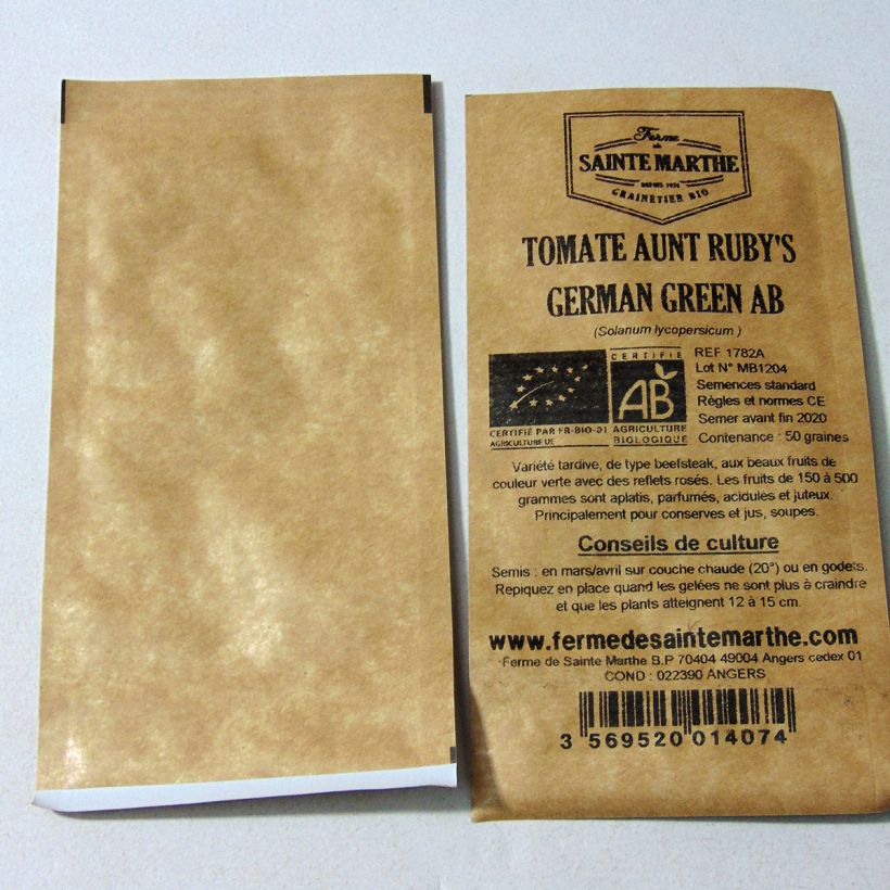 Exemplo de amostra de Tomate Aunt Ruby´s German Green Bio - Ferme de Sainte Marthe die Tüte mit 50 Samen tal como entregue
