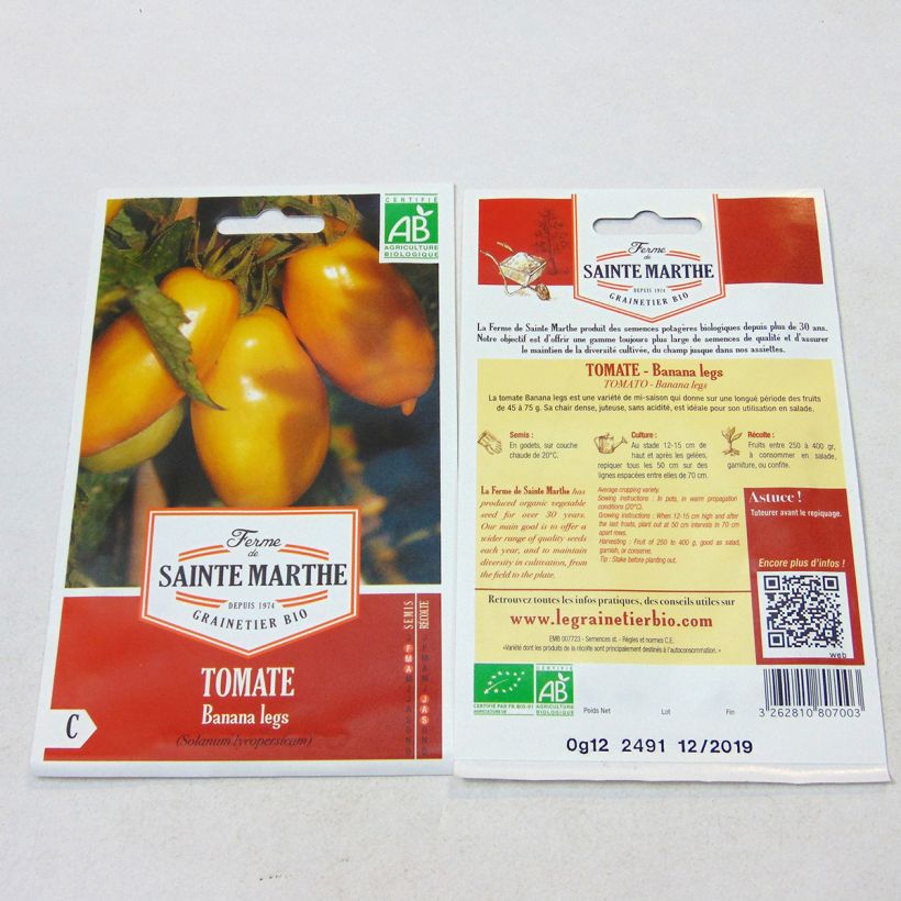 Exemplo de amostra de Tomate Banana Legs Bio - Ferme de Sainte Marthe die Tüte mit 30 Samen tal como entregue