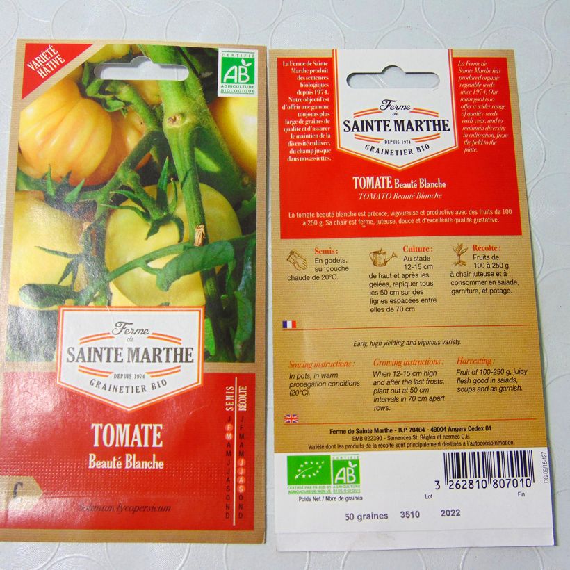 Exemplo de amostra de Tomate Beauté Blanche Bio - Ferme de Sainte Marthe die Tüte mit 50 Samen tal como entregue