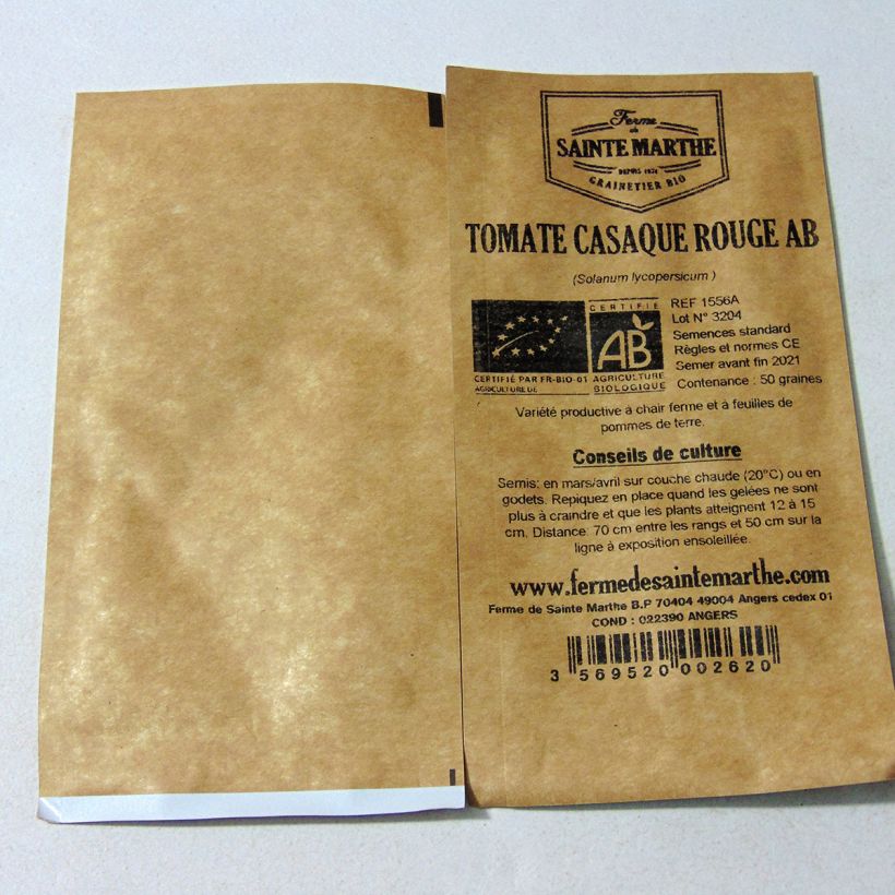 Exemplo de amostra de Tomate Casaque Rouge Bio - Ferme de Sainte Marthe die Tüte mit 50 Samen tal como entregue