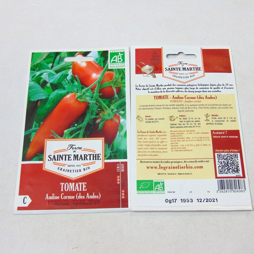 Exemplo de amostra de Tomate Cornue des Andes Bio – Ferme de Sainte Marthe die Tüte mit 50 Samen tal como entregue
