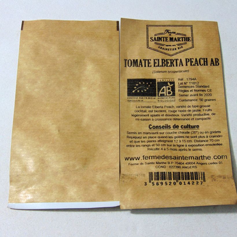 Exemplo de amostra de Tomate Elberta Peach Bio - Ferme de Sainte Marthe die Tüte mit 50 Samen tal como entregue