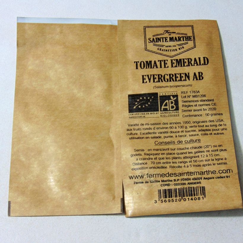Exemplo de amostra de Tomate Emerald Evergreen Bio - Ferme de Sainte Marthe o saco de 50 sementes aproximadamente tal como entregue