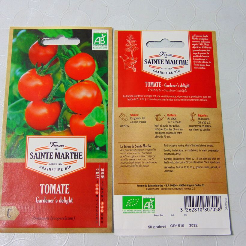 Exemplo de amostra de Tomate Garderner's Delight Bio - Ferme de Sainte Marthe die Tüte mit 60 Samen tal como entregue