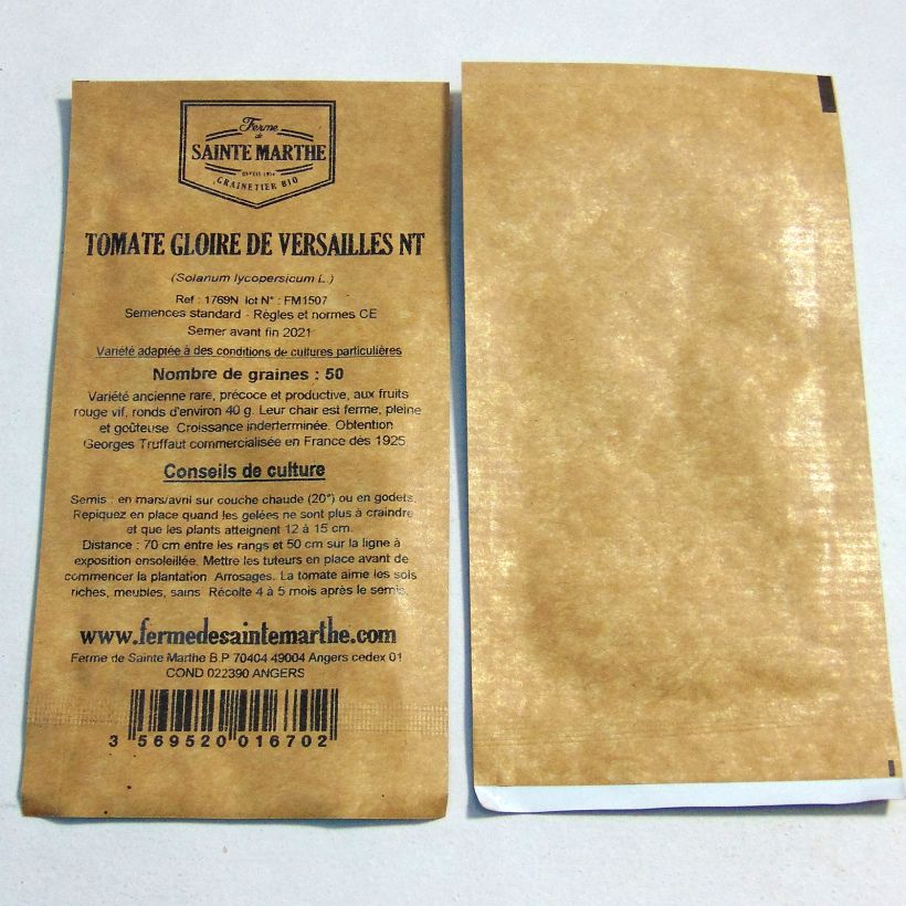 Exemplo de amostra de Tomate Gloire de Versailles NT - Ferme de Sainte Marthe o saco de 50 sementes aproximadamente tal como entregue