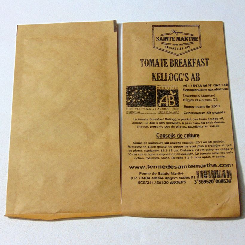 Exemplo de amostra de Tomate Kellogg's Breakfast Bio - Ferme de Sainte Marthe  o saco de 50 sementes aproximadamente tal como entregue