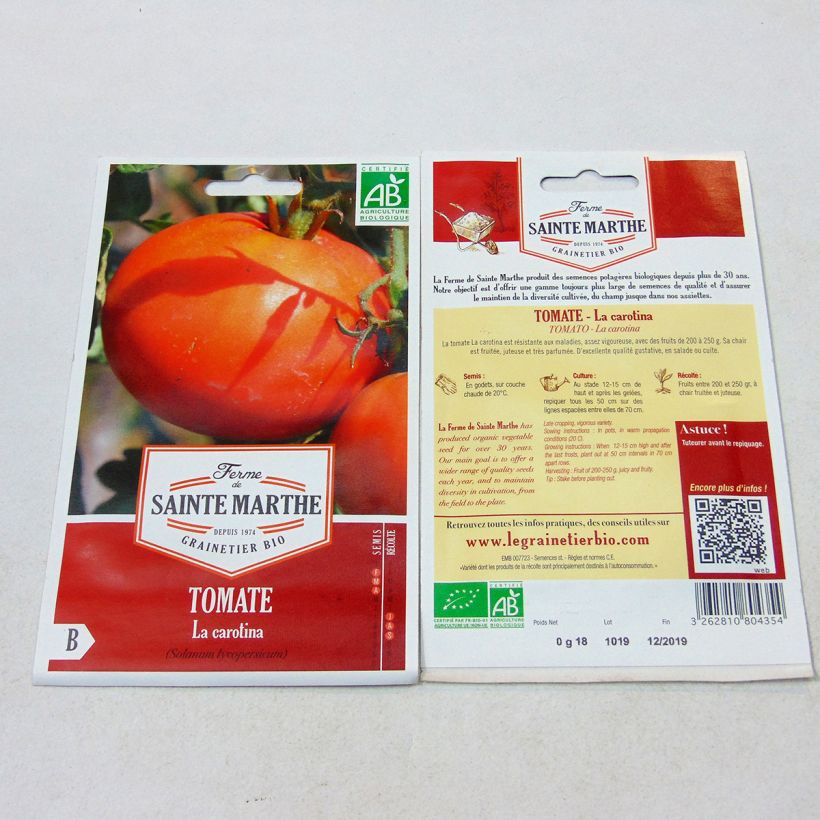 Exemplo de amostra de Tomate La Carotina Bio - Ferme de Sainte Marthe o saco de 40 sementes aproximadamente tal como entregue