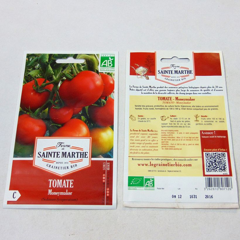 Exemplo de amostra de Tomate Moneymaker Bio - Ferme de Sainte Marthe die Tüte mit 40 Samen tal como entregue