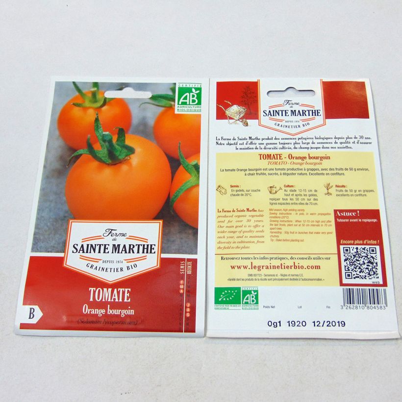 Exemplo de amostra de Tomate Orange Bourgoin Bio - Ferme de Sainte Marthe die Tüte mit 40 Samen tal como entregue