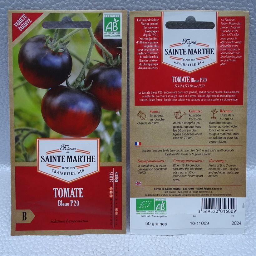 Exemplo de amostra de Tomate Osu Blue P20 ou Bleue P20 Bio - Ferme de Sainte Marthe o saco de 50 sementes aproximadamente tal como entregue